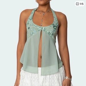 Edikted | Floral Sequin Split Chiffon Halter Top | Sage | Y2K | Fairycore